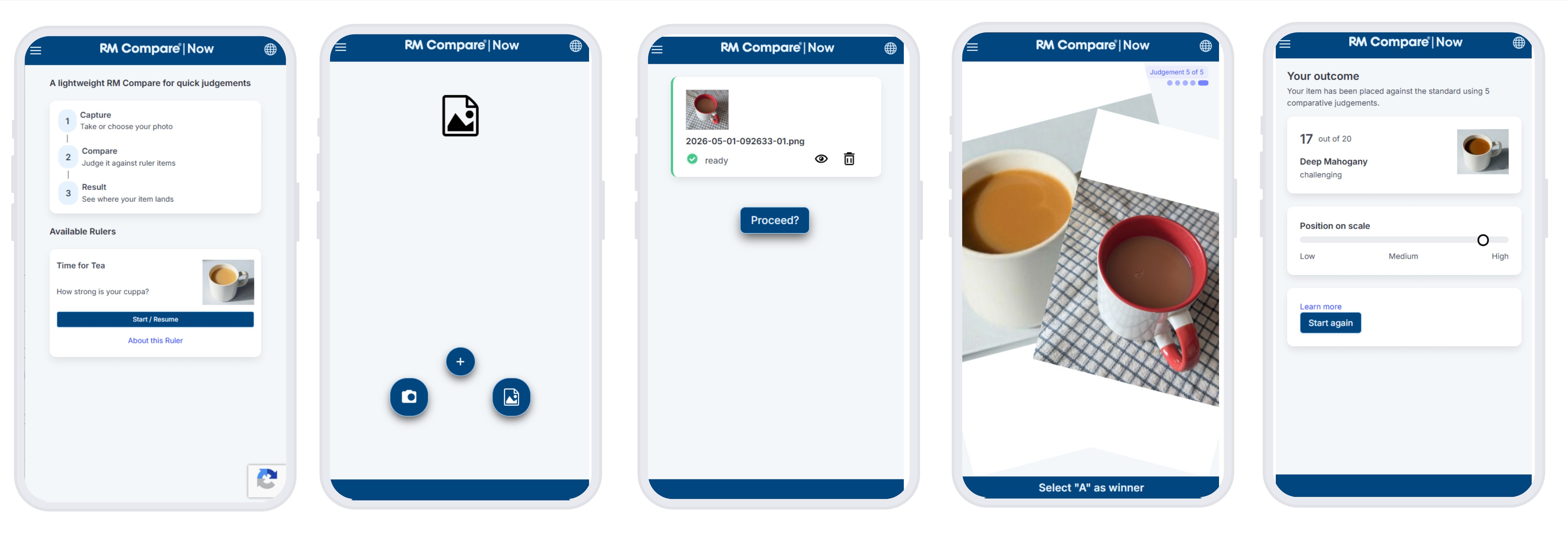 RM Compare NOW flow showing the three-step experience from access to result