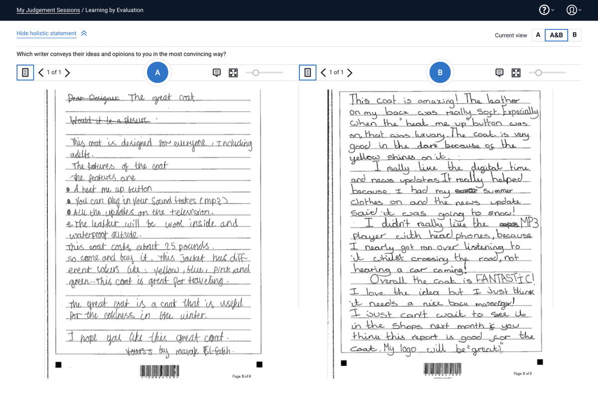 Two hand-writing essays being assessed in RM Compared